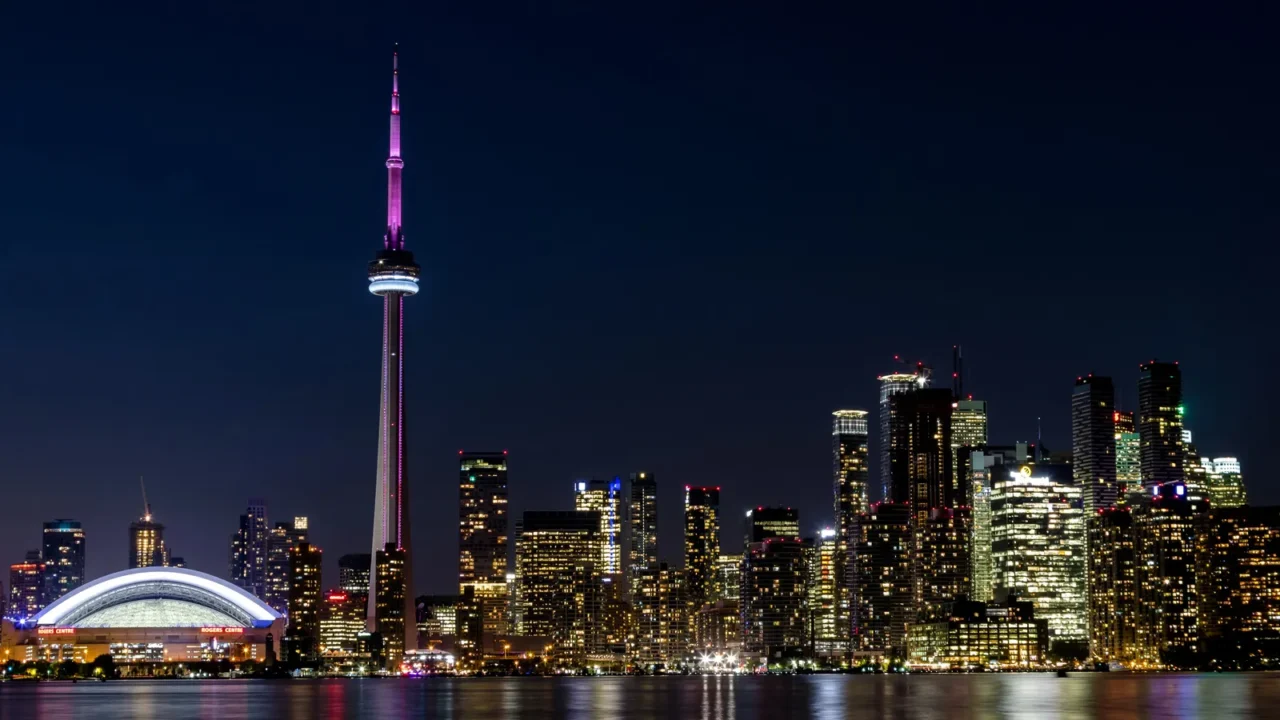 night view of downtown toronto from toronto islands with the