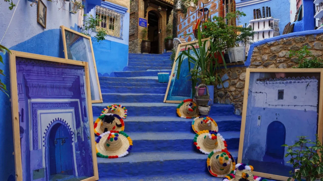 north africa morocco chefchaouen a typical decorated blue street of