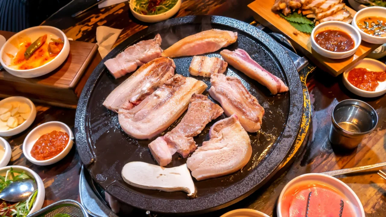 panfried cooked black pork meal in korea restaurant fresh delicious