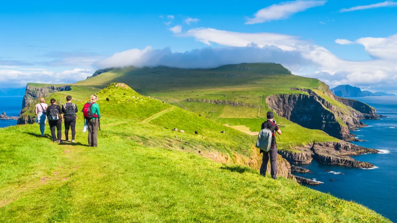 panoramic view of mykines at faroe islands and north atlantic