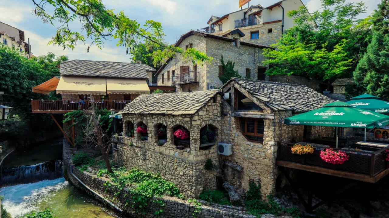 panoramic view to the spring and green cityscape of mostar