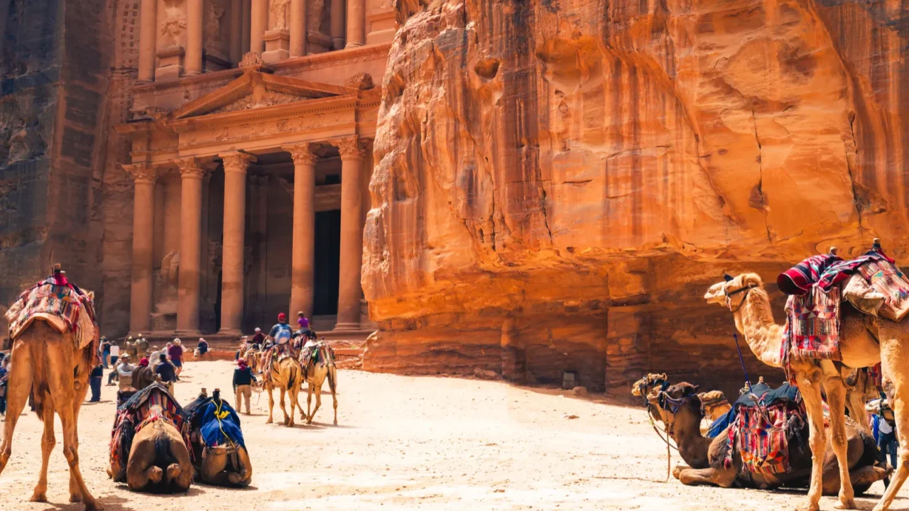petra al khazneh aka the treasury with camels in petra