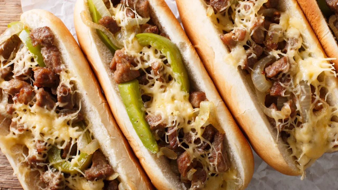 cheesesteak sandwich close-up on paper on the table. Horizontal top view from abov