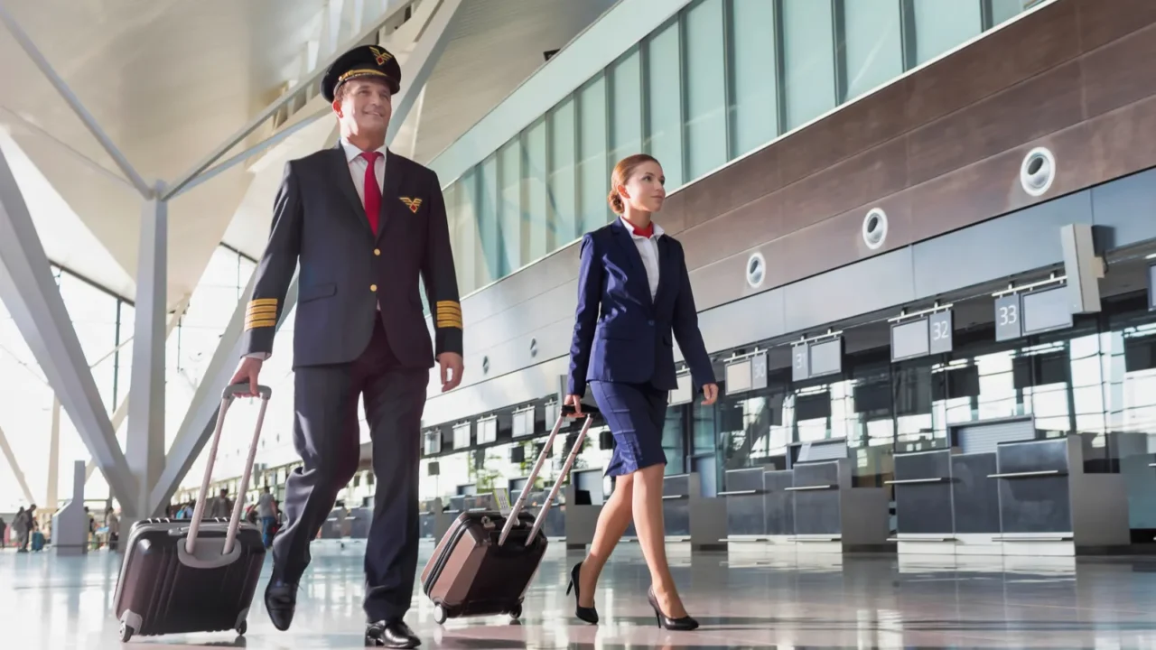 portrait of confident pilot with stewardess walking in airport