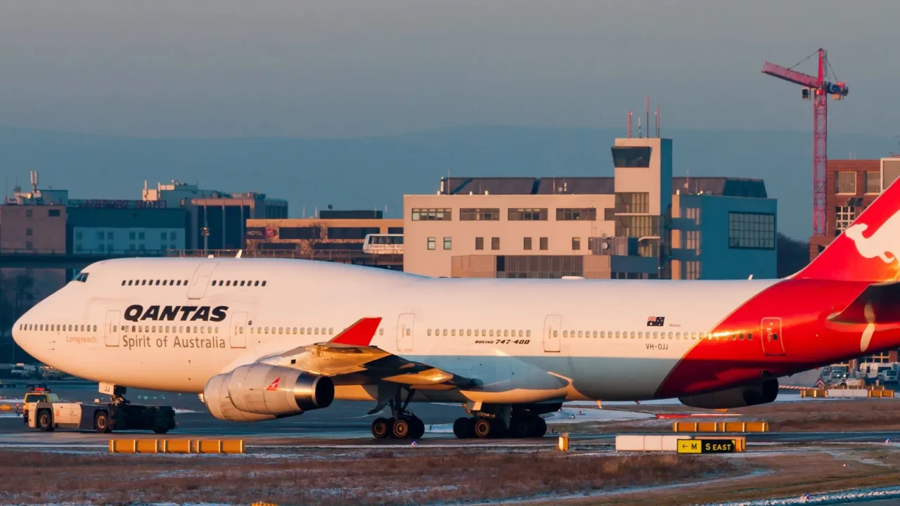 qantas airways boeing 747400 vhojj passenger plane taxiing at frankfurt