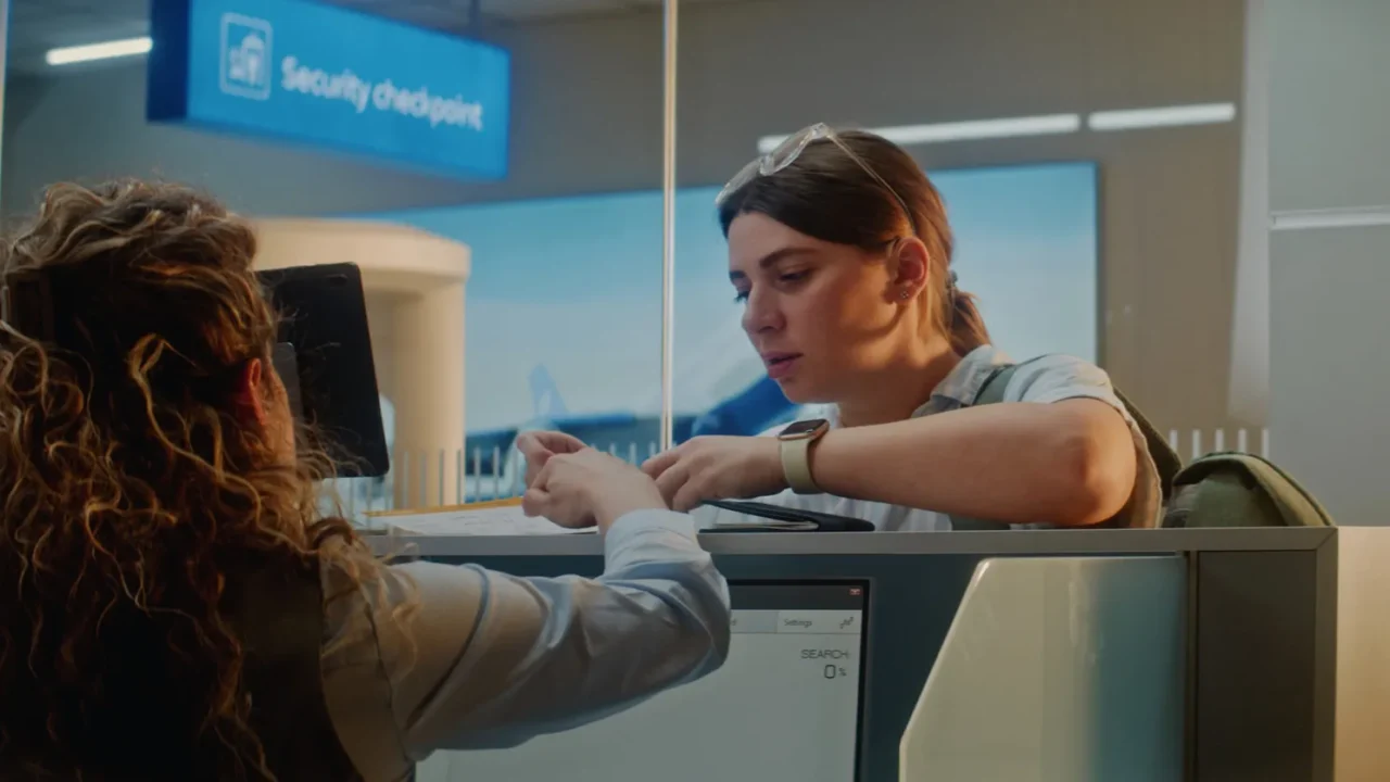 queue of multiethnic passengers at airport checkin counter female airline