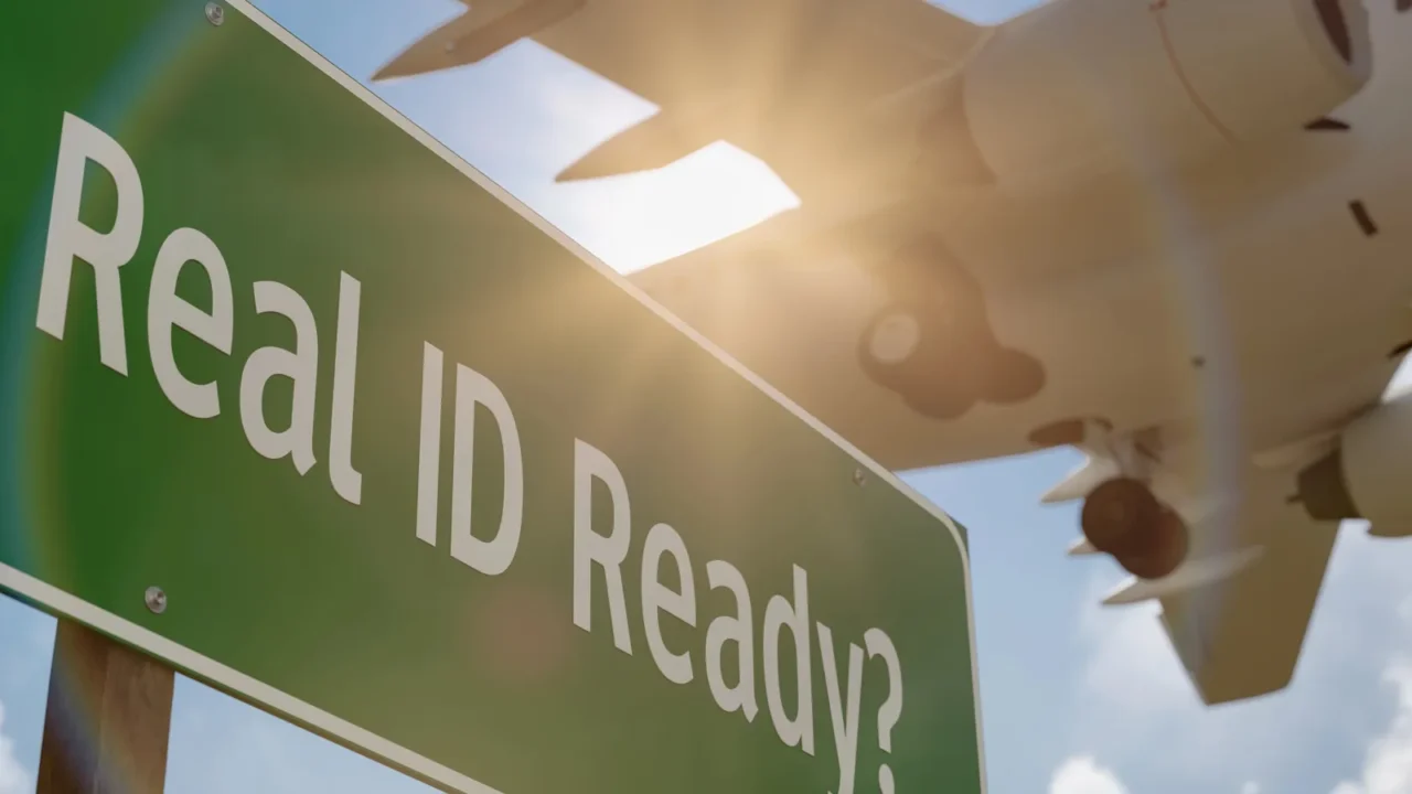 real id ready green road sign with low flying airplane