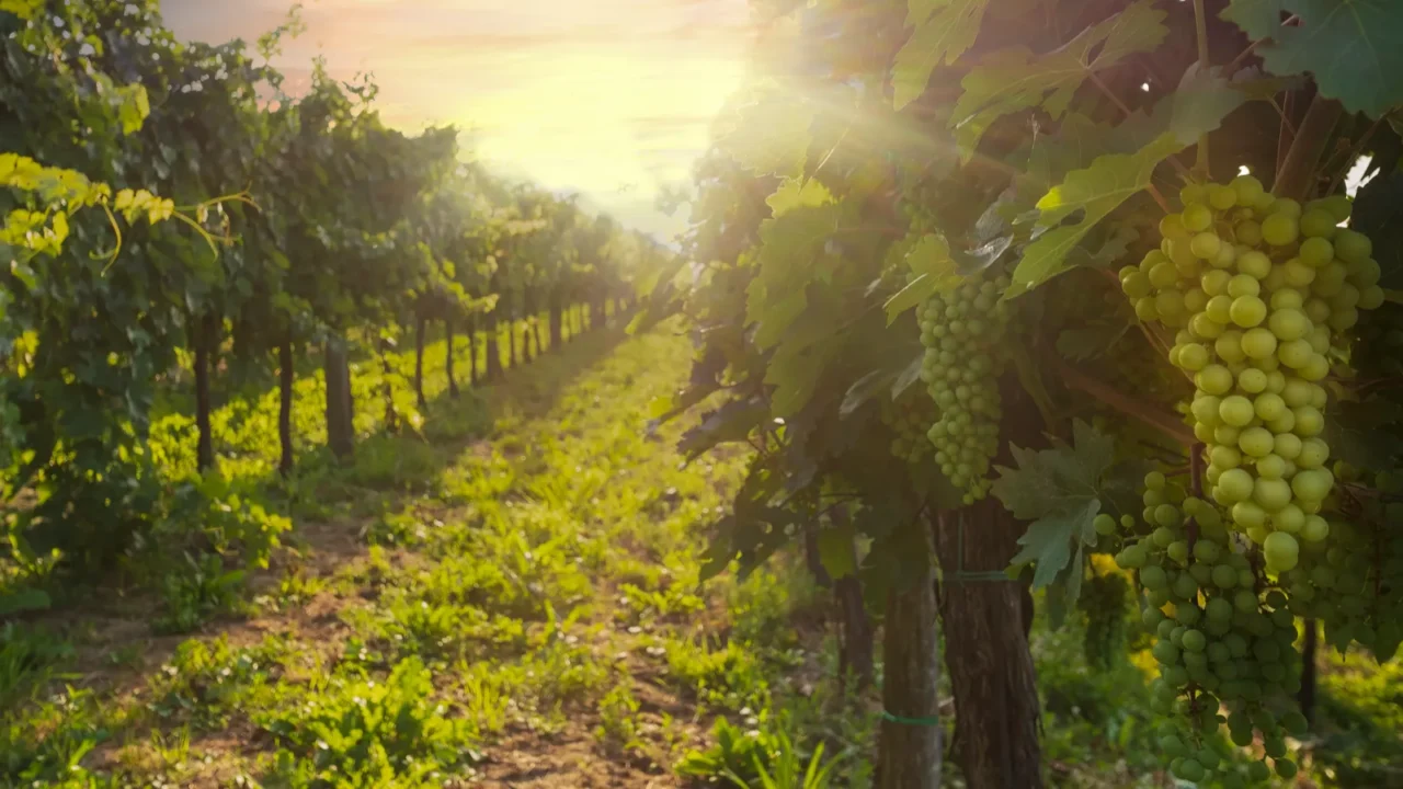 ripening grapes on the vineyard at the sunset countryside scene