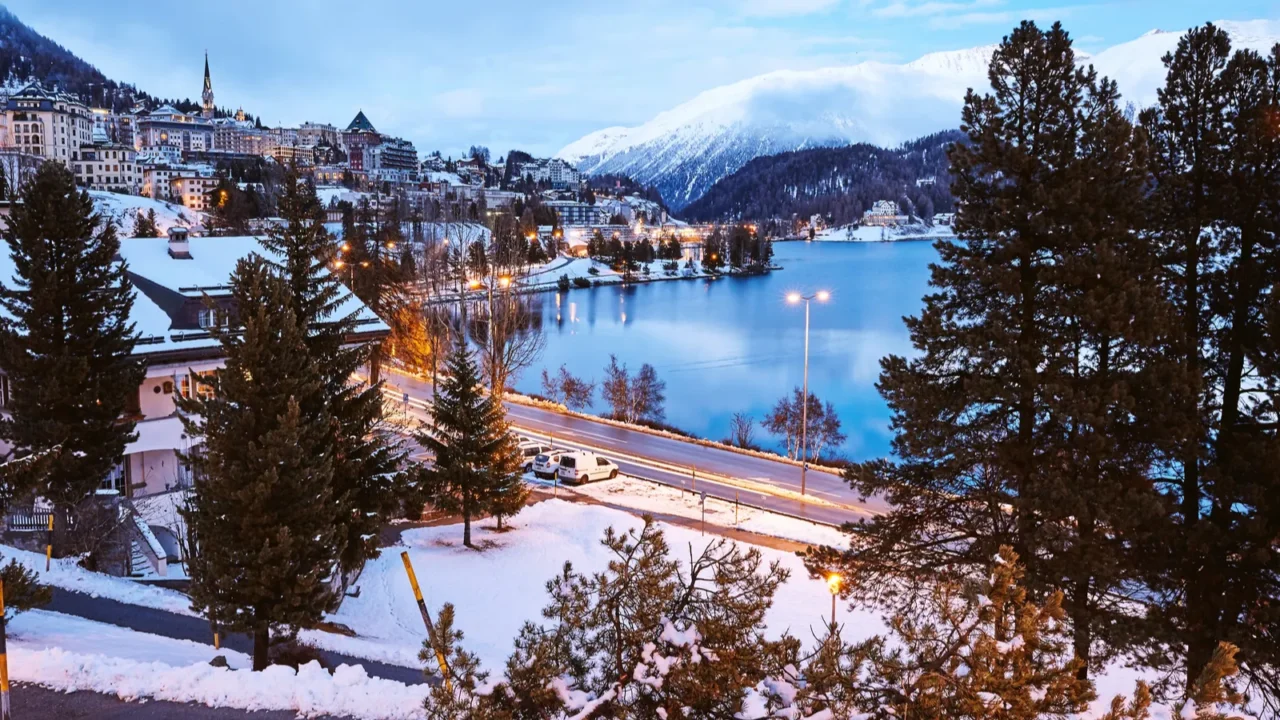 saint moritz town in winter season at sunset switzerland beauties