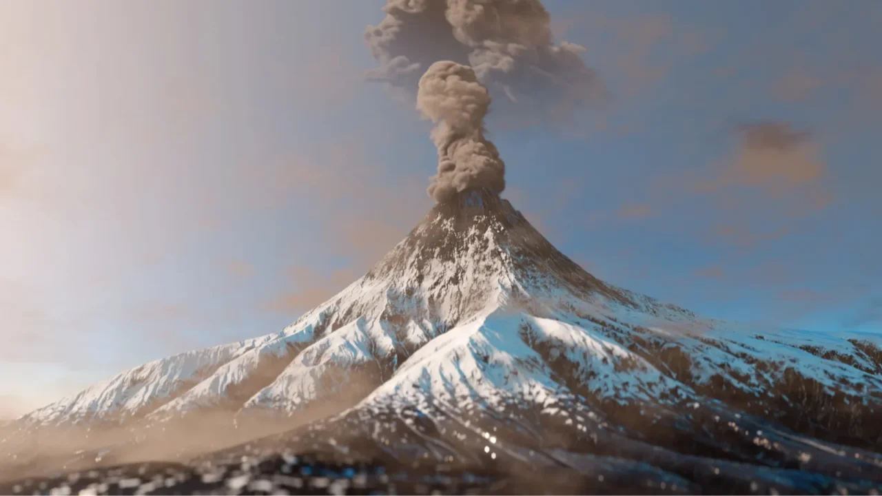 snowy mountain volcano eruption with smoke cloud over the top