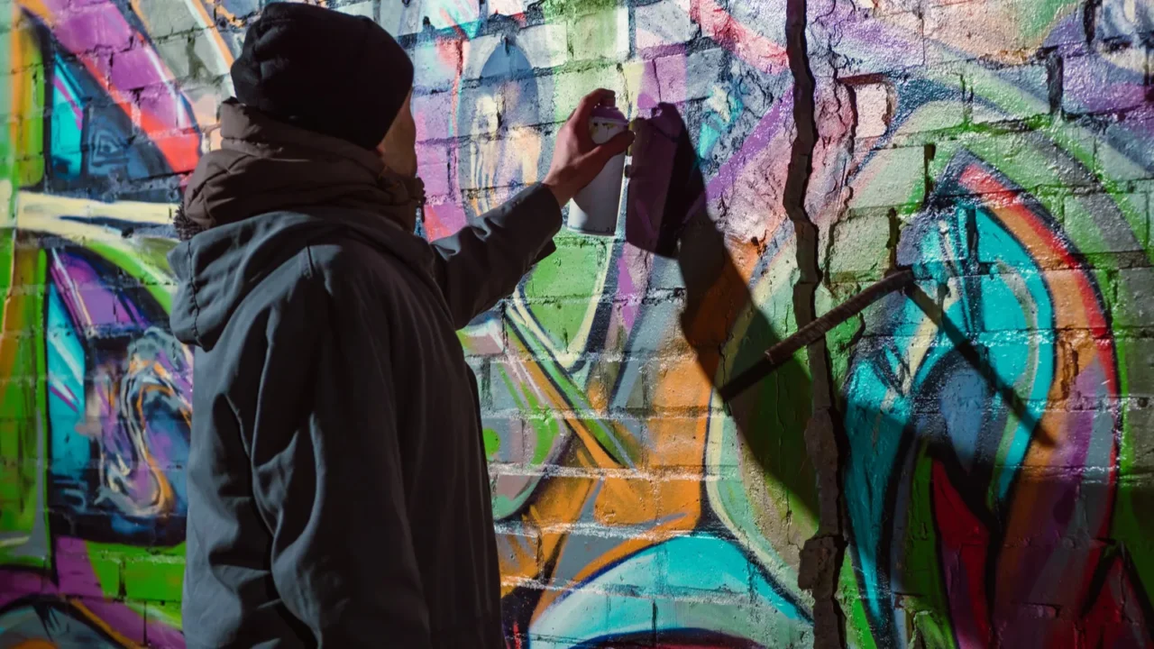 street artist painting graffiti with aerosol paint on wall at