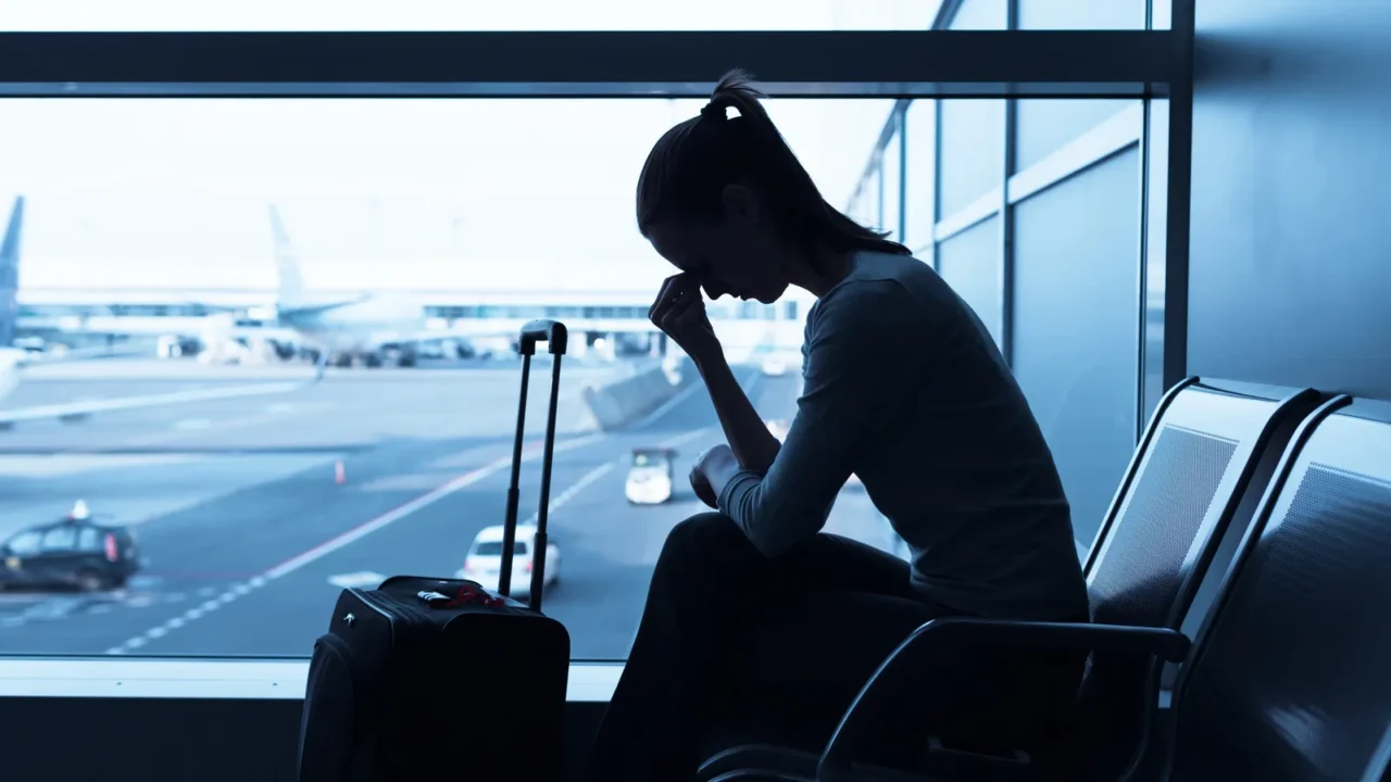 stressed woman at the airport holding smart phone