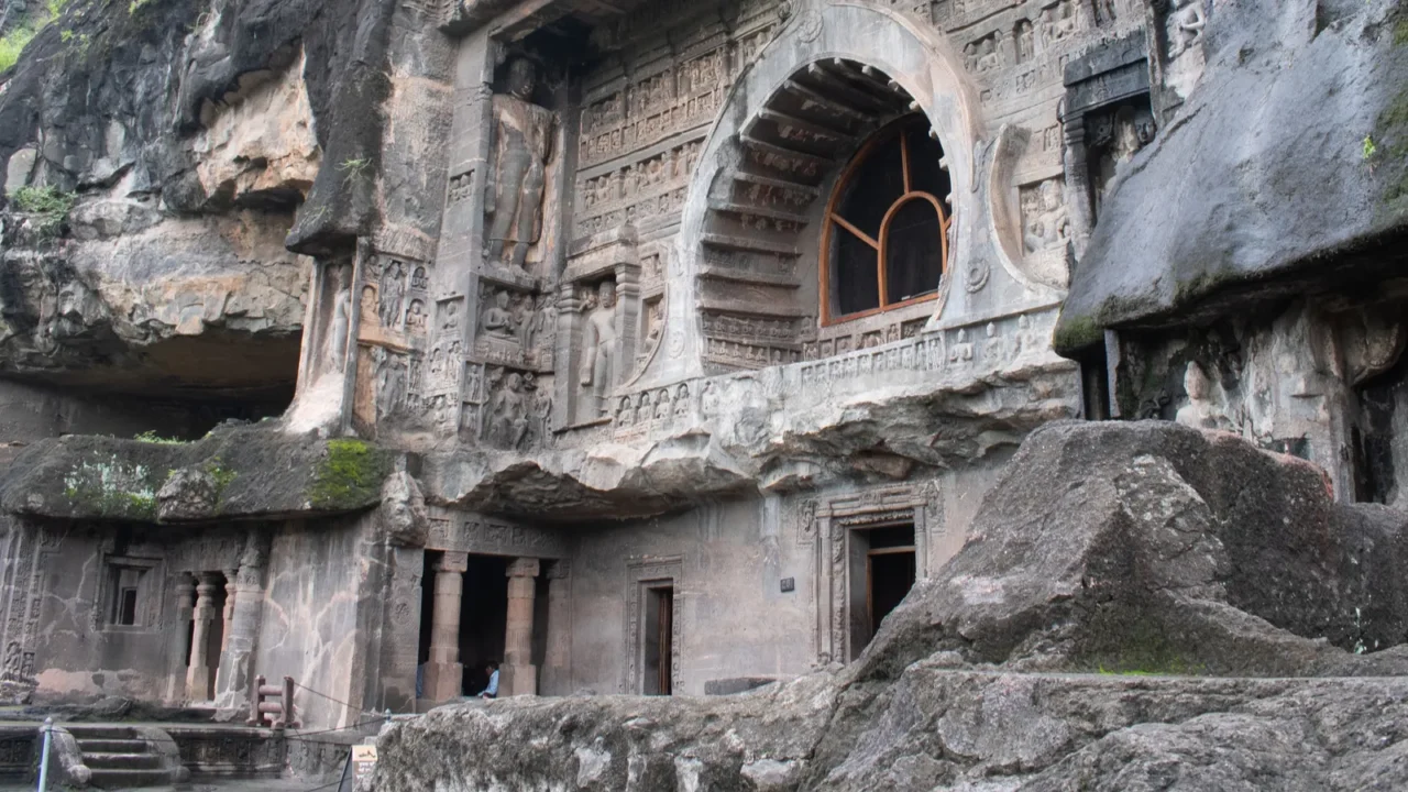 striking facade of ajanta cave19 showcases its chaitya hall entrance