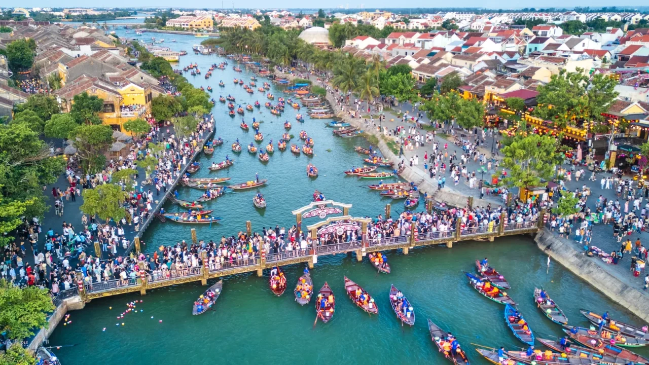 stunning drone shot captures hundreds of lantern boats and a