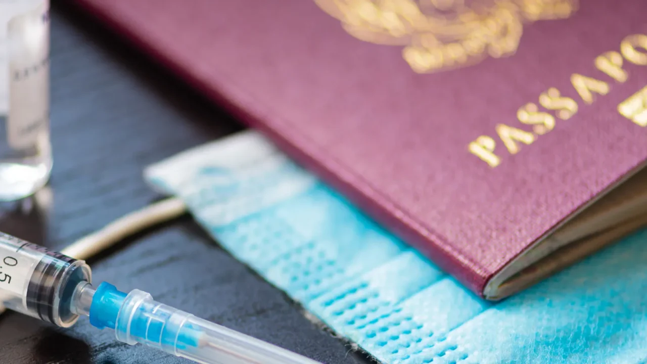 syringe with needle vial surgical face mask and passport or