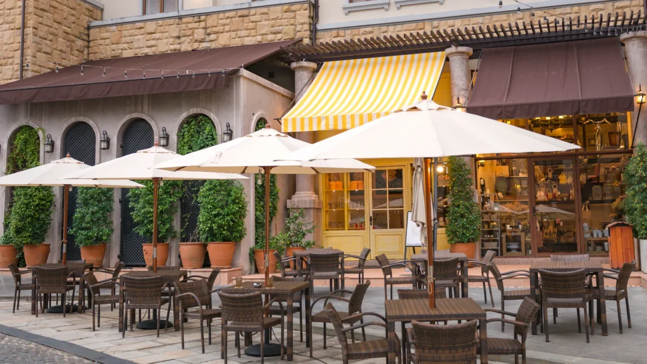 table of food center tuscan style town in the evening