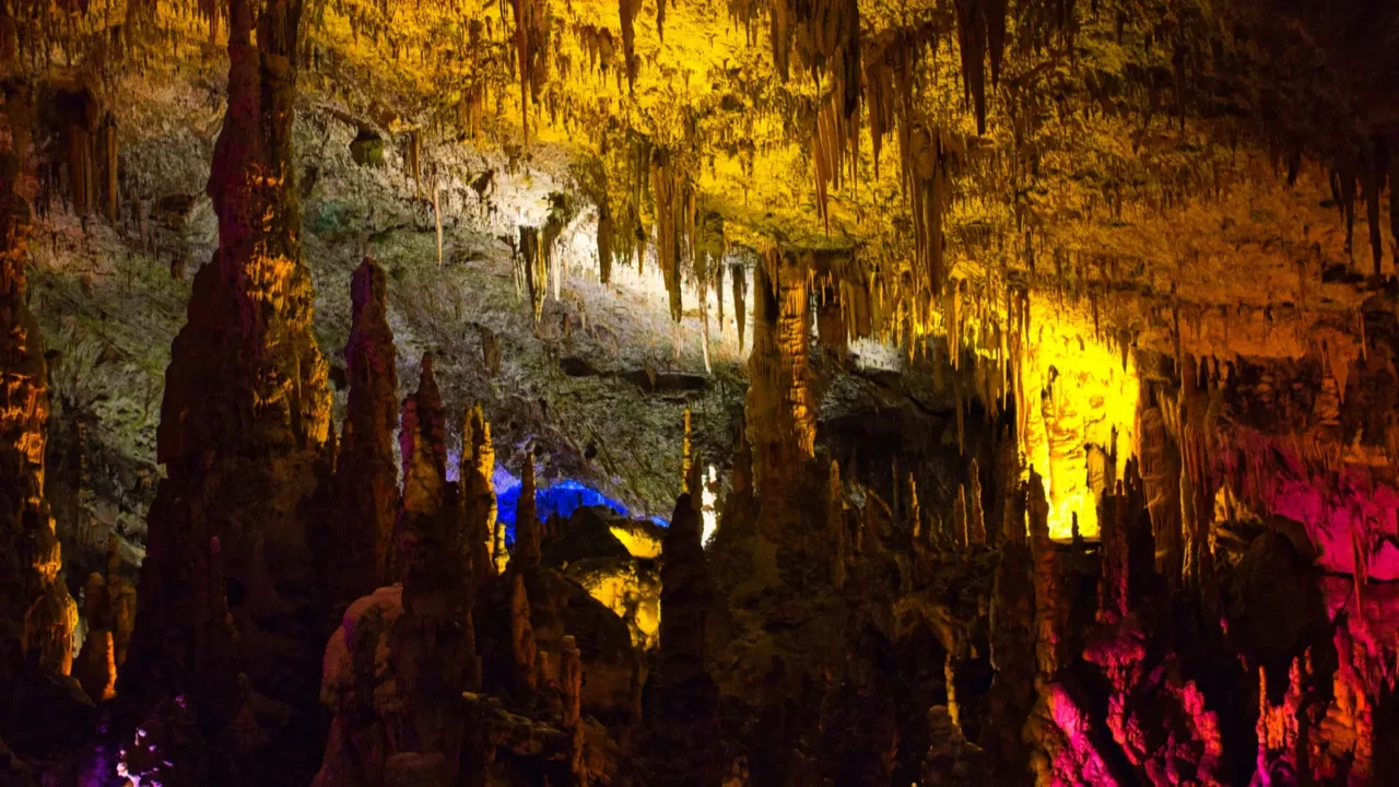 the colorful illumination of the postojna caves postojna slovenia