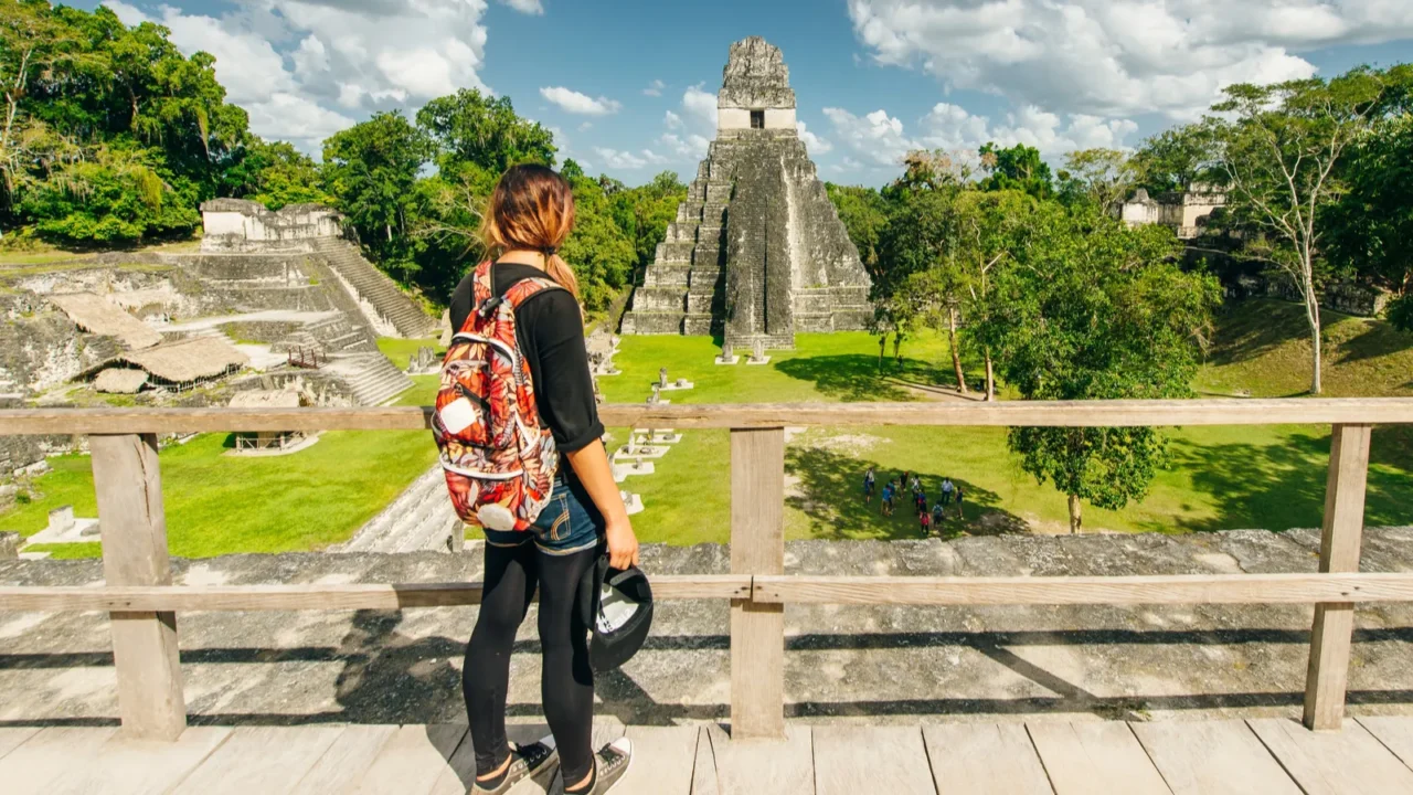 tikal guatemala august tourist is looking at located in el