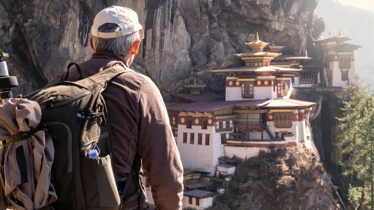 tourist sitting on his back watching tigers nest temple in