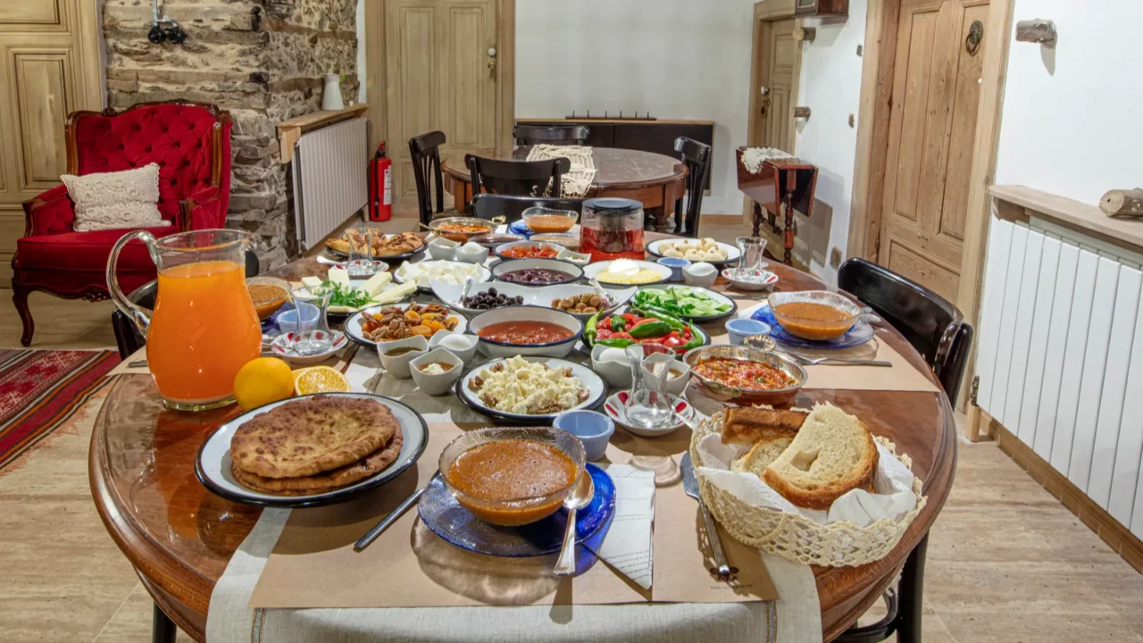 traditional village turkish breakfast at the wooden table colorful fresh