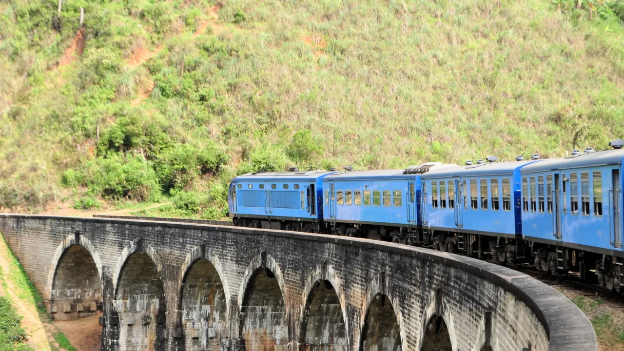 train on bridge in hill country of sri lanka