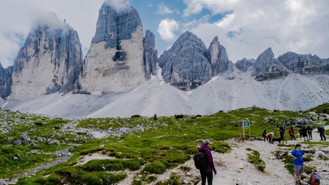 tre cime di lavaredo peaks or drei zinnen at sunset