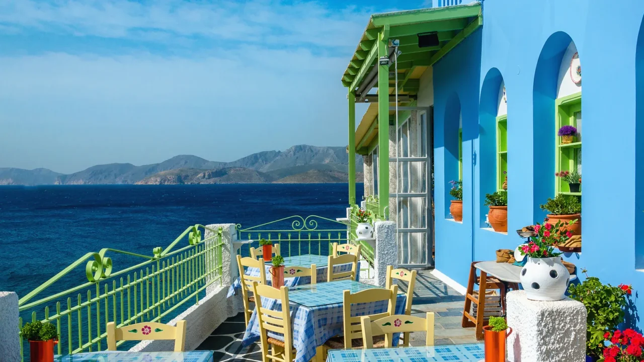 typical colorful greek restaurant in greece
