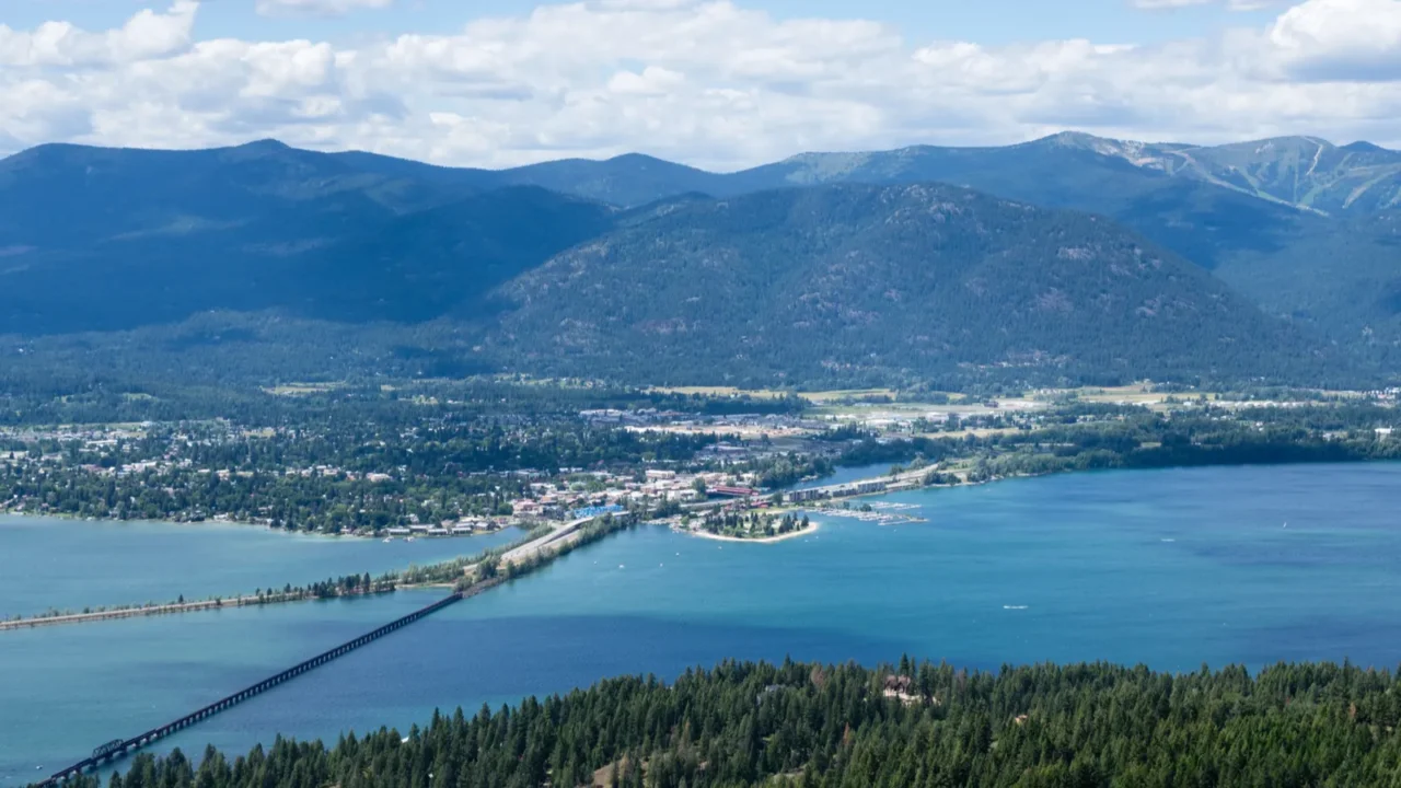 view of lake pend oreille and the town of sandpoint