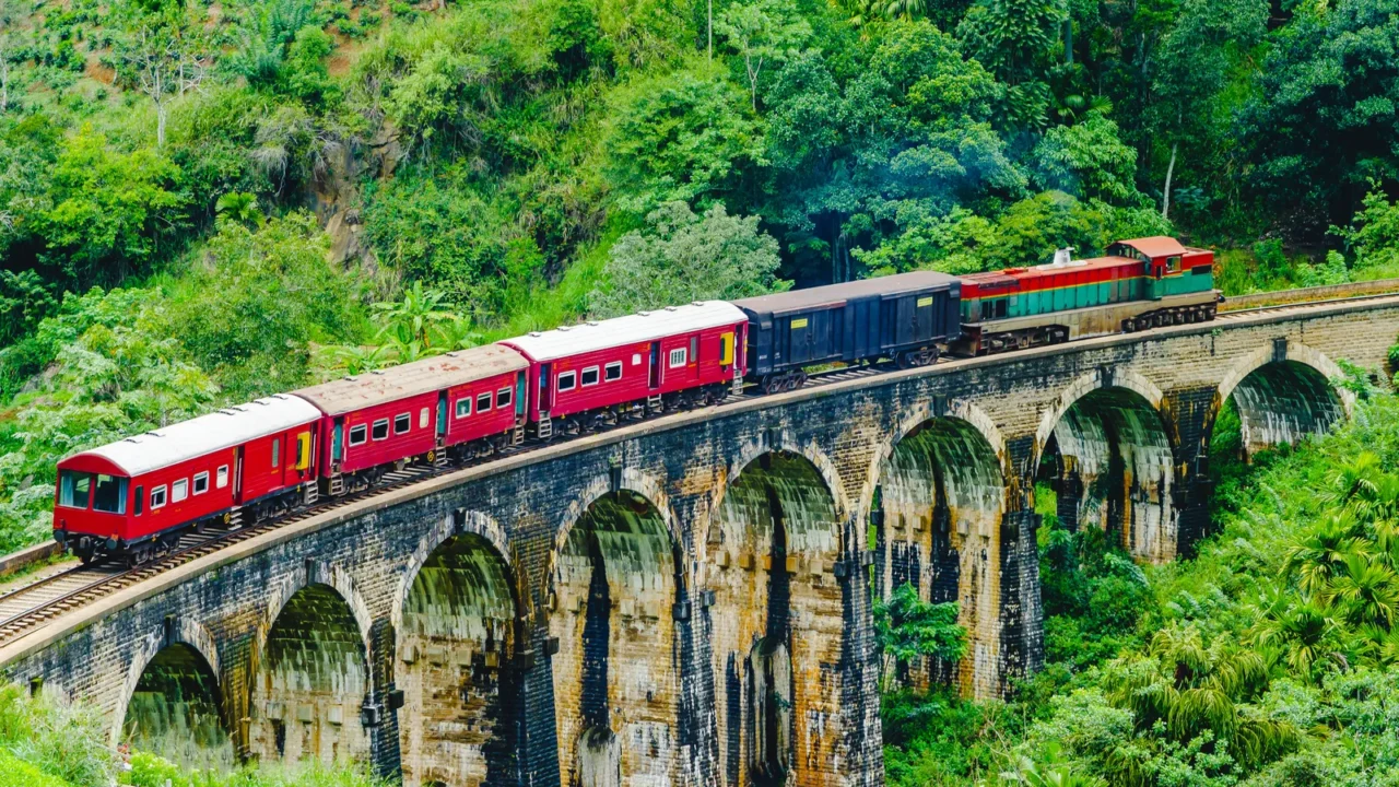 view on train passing over nine arches bridge in ella