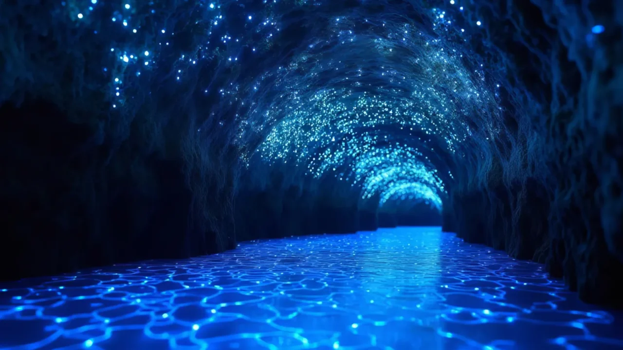 waitomo glowworm caves glowing like a natural christmas ornament vibrant