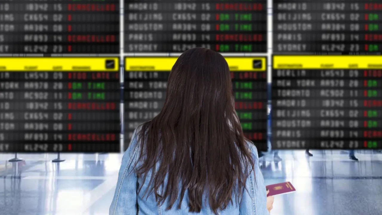 woman traveller watching at airport billboard for her delayed flight