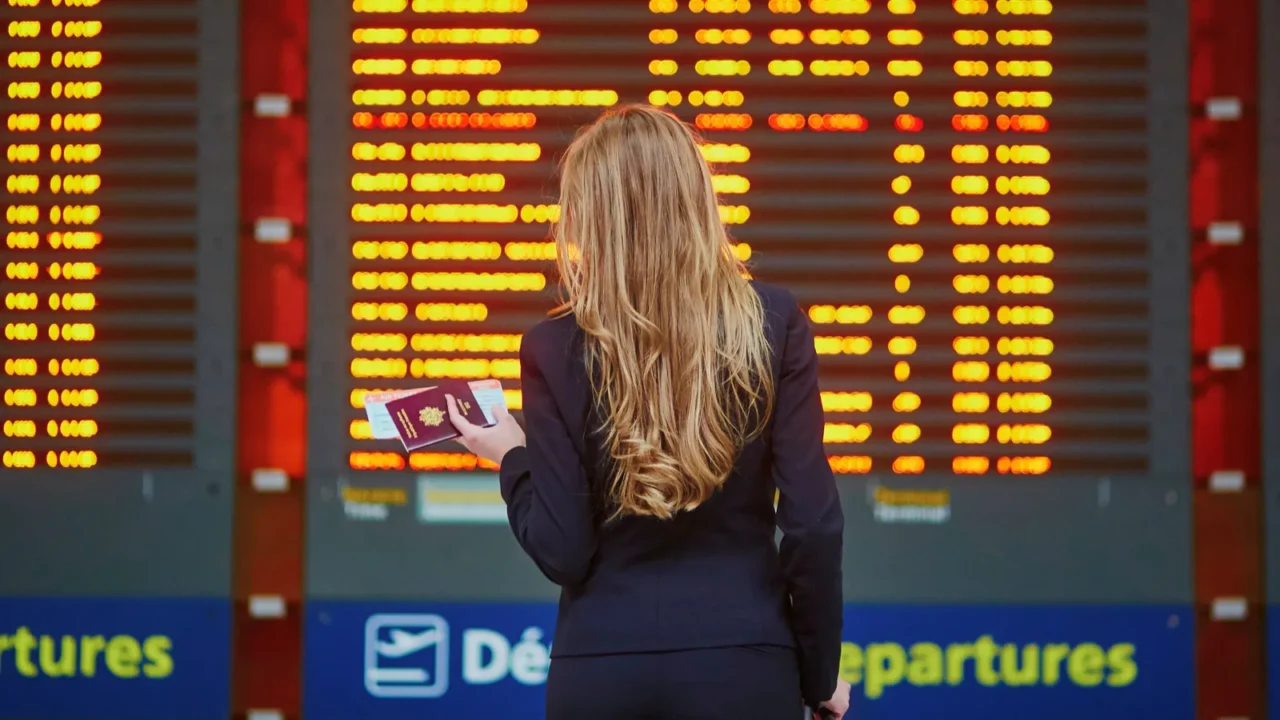 woman with hand luggage in international airport terminal looking at