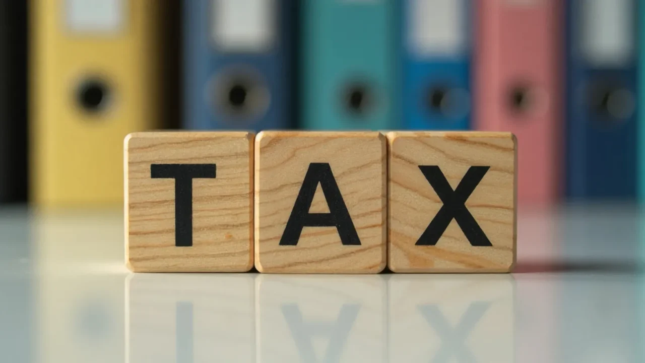 Wooden blocks spelling tax reflecting on a white surface with filing binders in the background