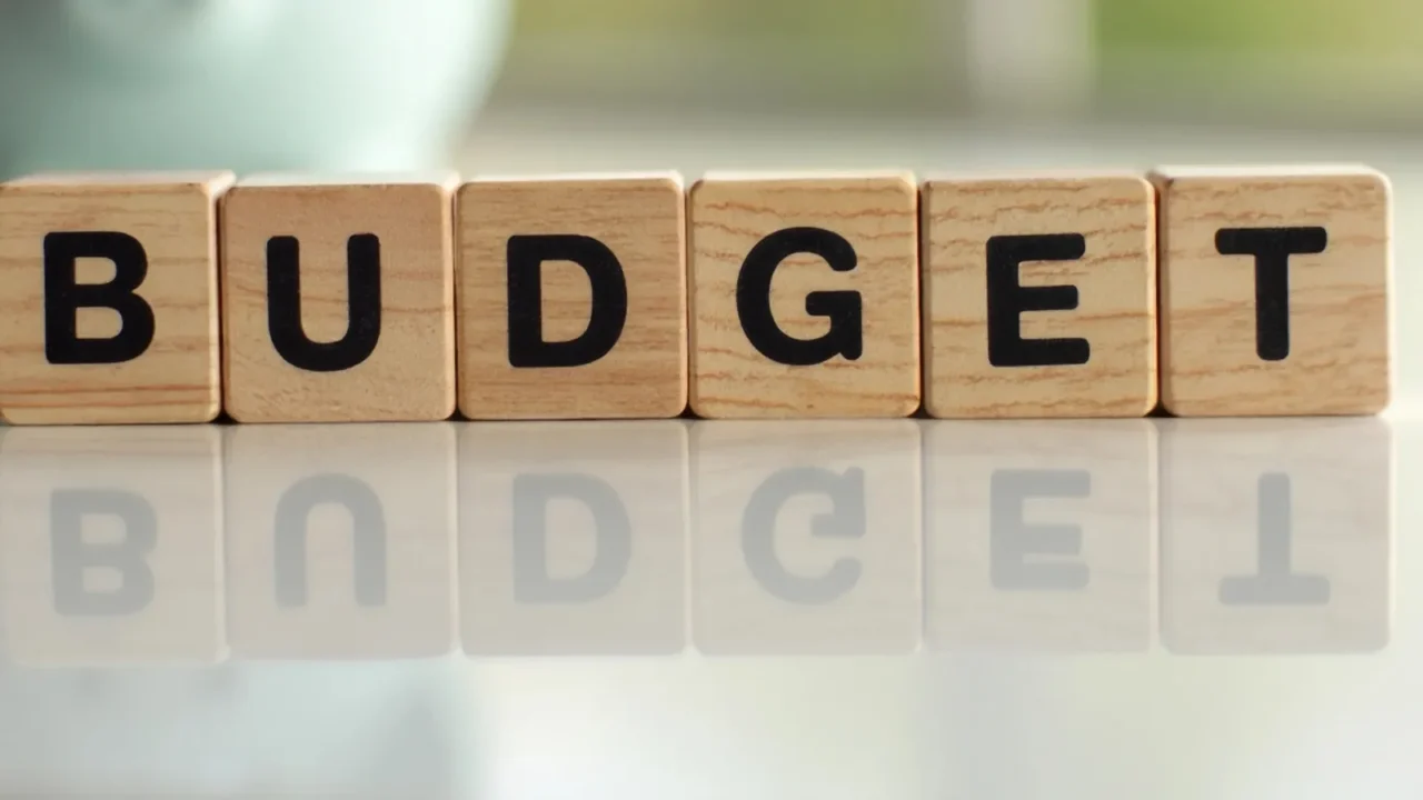wooden cubes with black letters composing the word budget on