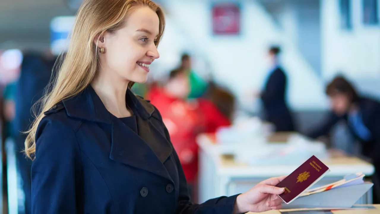 young female traveler in international airport