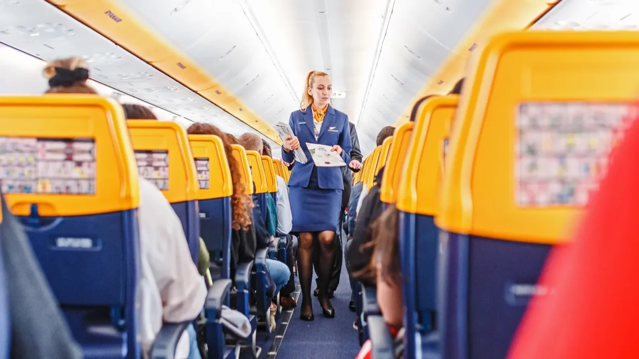 16 may 2018 budapest hungary interior of ryaniar airplane with