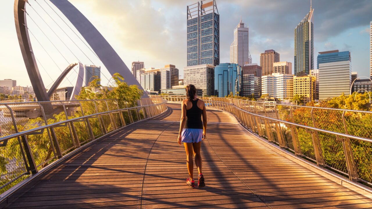 elizabeth quay park, Perth cityscape building landmark in Australia city with blue sky