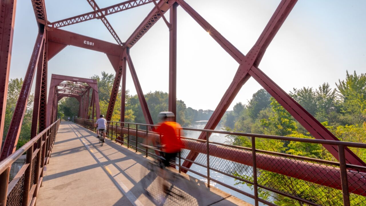 Boise River bridge with bikes crossing