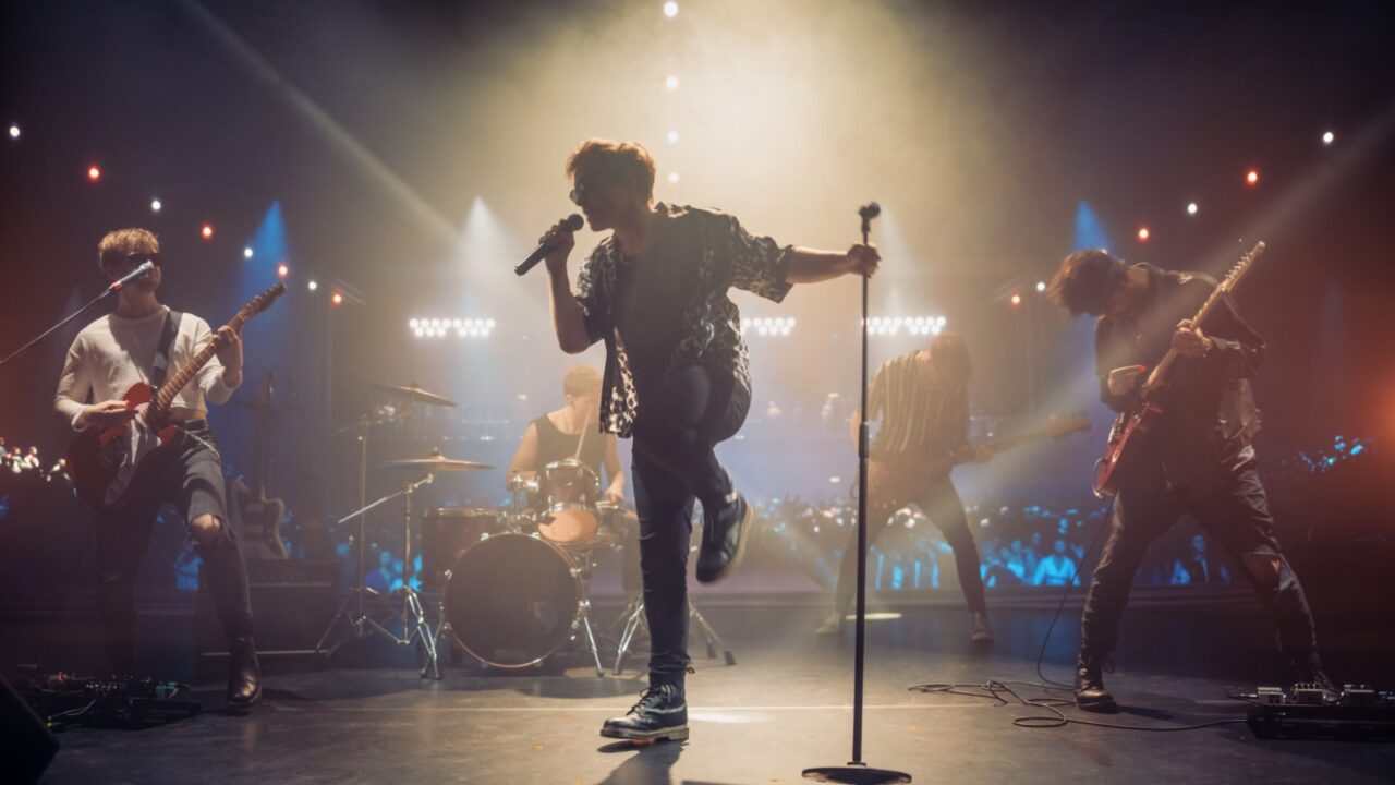 Rock Band Delivers a Captivating Concert with Lead Singer Passionately Performing on Stage with Falling Confetti, Surrounded by Band Members, Creating an Intense and Immersive Musical Atmosphere