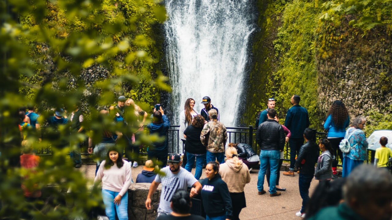 Portland, Oregon / USA - 06,12,2019: Multnomah Falls is the most visited natural recreation site in the Pacific Northwest, Columbia River Gorge National Scenic Area,Travel USA,United States of America