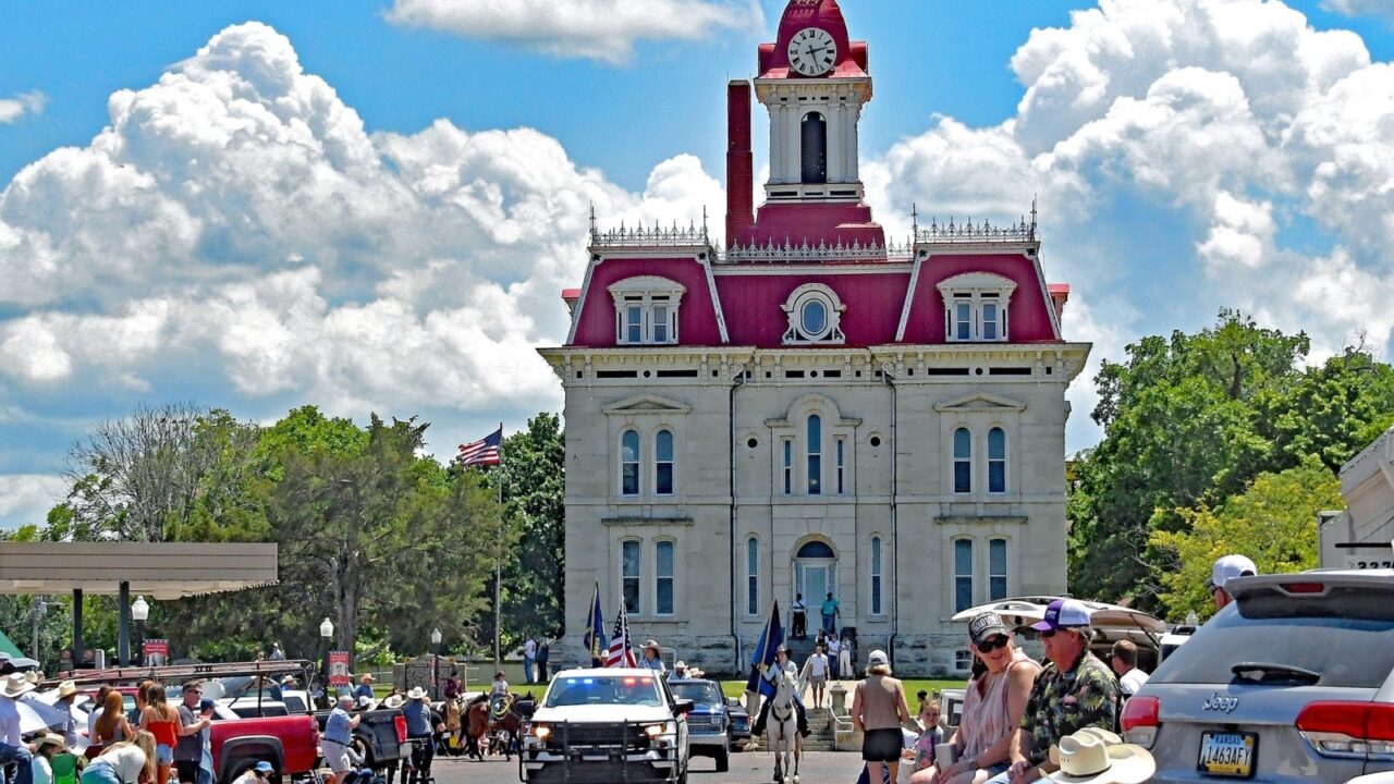 COTTONWOOD FALLS KANSAS , USA - MAY 31, 2025 The 87th annual Flint hills rodeo parade rides through the town of Cottonwood Falls on the way to the rodeo arena 3 miles away in Strong City.