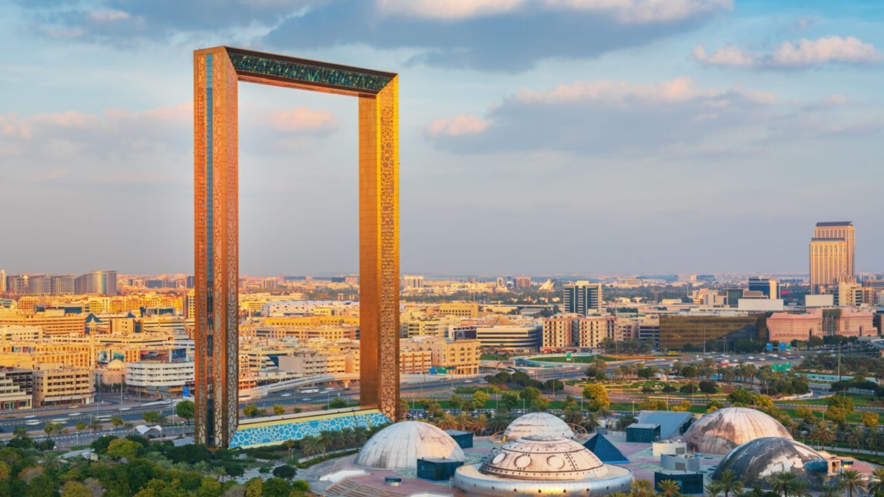 Dubai, United Arab Emirates, DECEMBER 12, 2019: Dubai Frame - famous attraction in Dubai city, United Arab Emirates