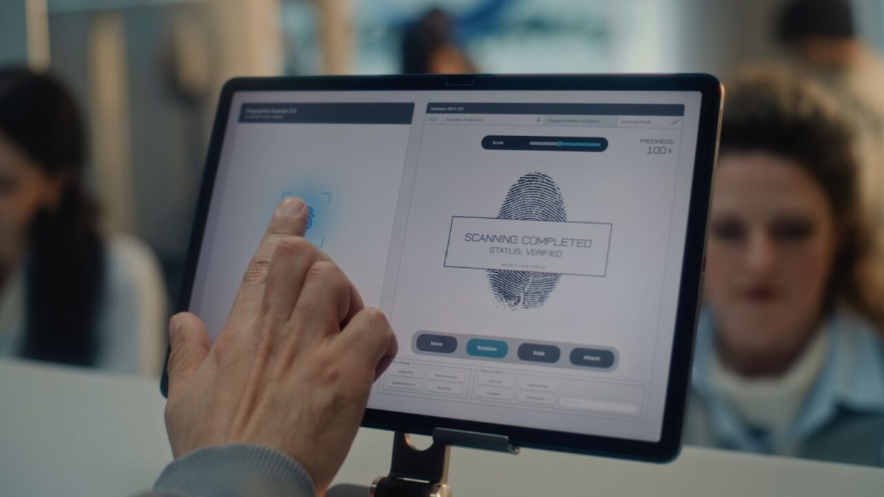 Airport Check-in Counter: Close Up of Man Putting Finger on Digital Tablet Touch Screen for Fingerprint Scanning. Female Airline Agent Checking Passenger Biometric Data for Flight. Airport Terminal.