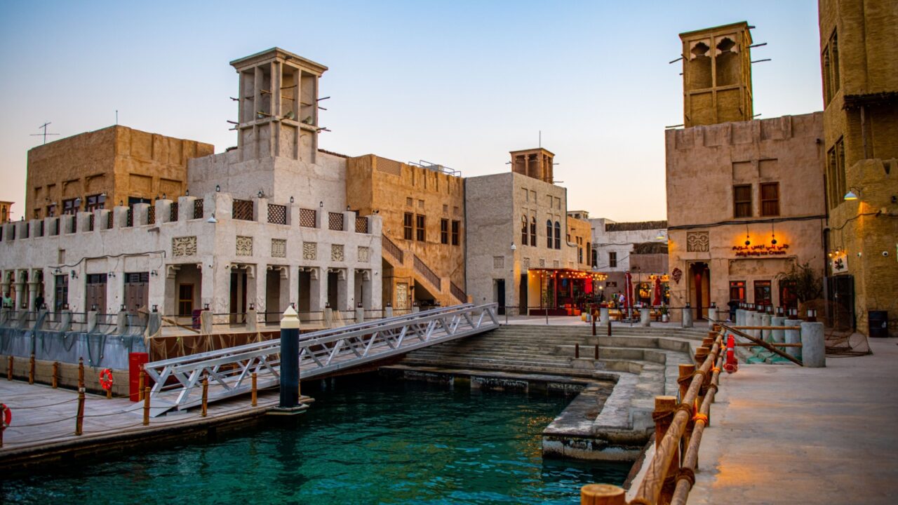 Dusk at Al Fahidi Historical Neighbourhood with Traditional Architecture Along Dubai Creek, Dubai, United Arab Emirates - February 26, 2019