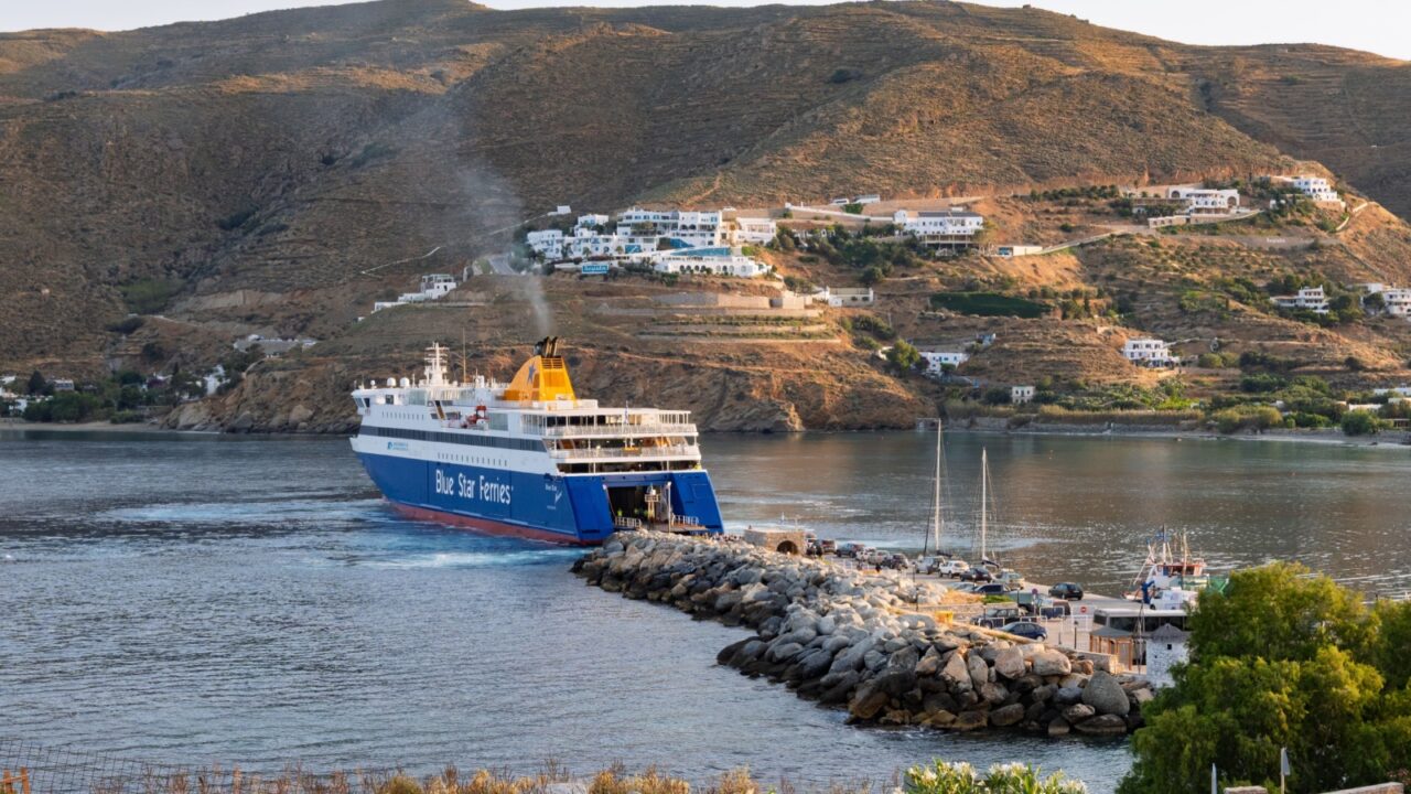 Amorgos, Greece - May 16, 2024: Blue Star Naxos ferry in Aegiali port on Amorgos island, Greece