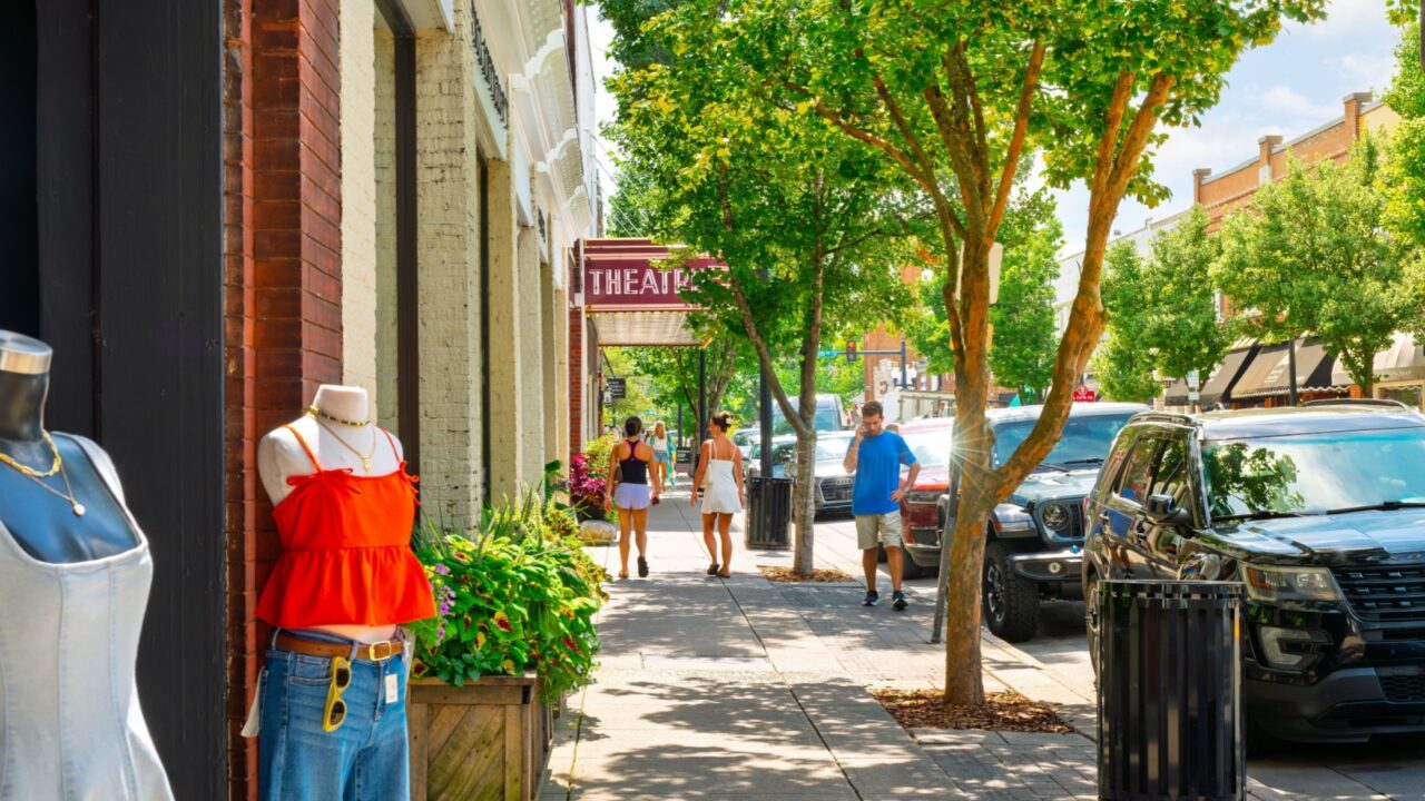 Franklin, Tennessee - July 27 2025: Pedestrians on the Main Street of the charming and historic Southern small town of Franklin, Tennessee, near Nashville.