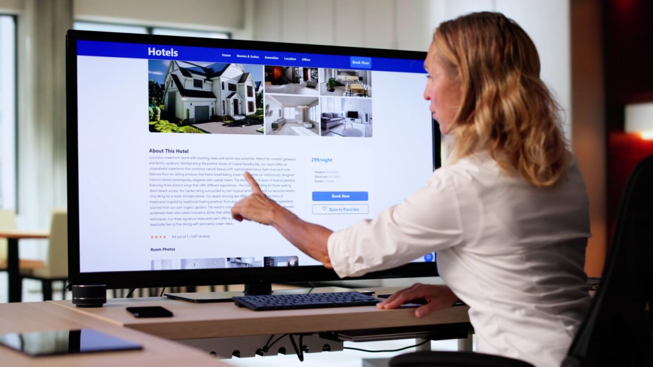 Woman Booking Discount Hotel Online Using Laptop Device. Tech Manager.