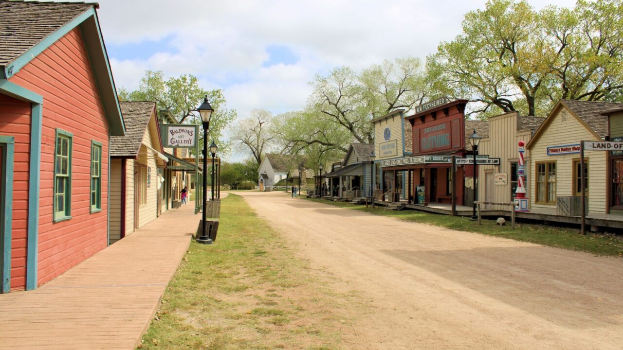 October 15, 2023 in Wichita, KS: Vintage buildings replicating what was Wichita during the 1800s taken at Cowtown Museum where tourists can see what a historical old west town on the prairie was like