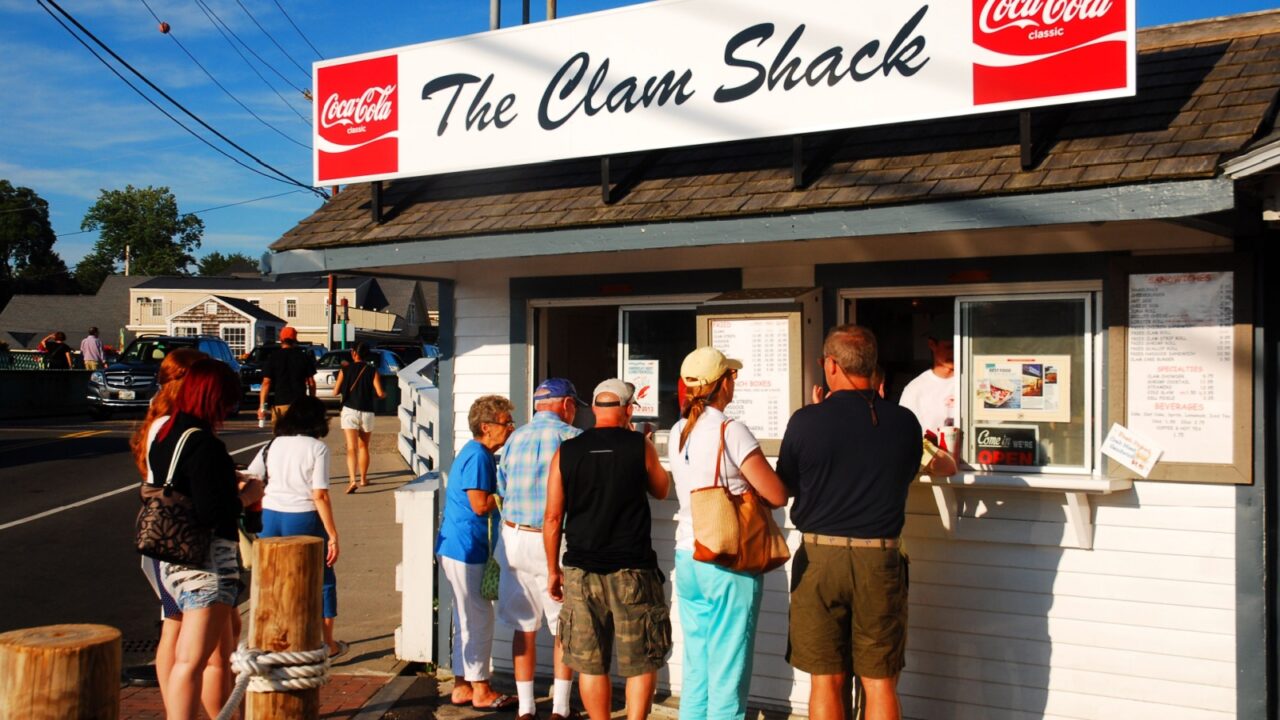 Kennebunkport, ME, USA August 12 A small crowd seeks the freshest seafood at a clam shack in Kennebunkport, Maine
