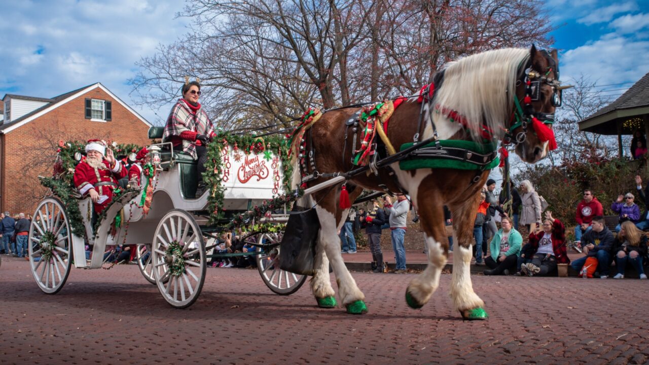 ￼St. Charles, MO—Dec 27, 2021; actor and actress portray Santa and Mrs Claus while waving two crowds from a horse drawn carriage in downtown Christmas and Holiday parade.